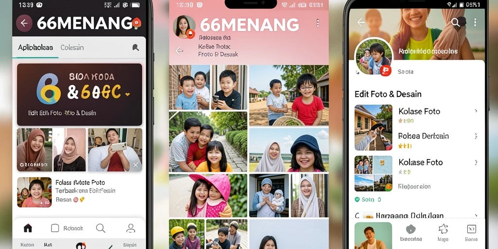 Antarmuka aplikasi 66MENANG yang sederhana dan fungsional untuk kolase foto.