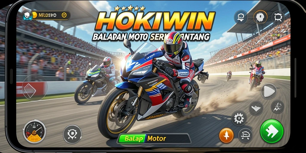 Tampilan utama HOKIWIN dengan motor balap yang menarik.