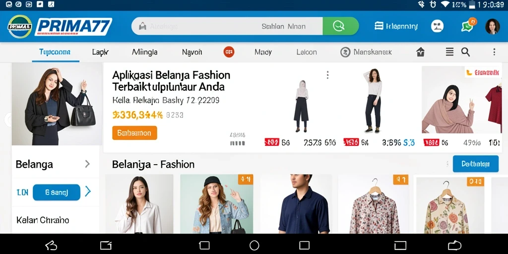 Antarmuka PRIMA77 menampilkan berbagai pilihan fashion yang menarik dan modern.